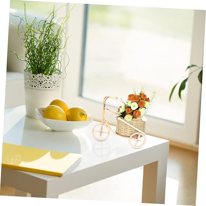 VOSAREA Handmade Rattan Tricycle Basket Mini Bamboo Pen Organizer for Desktop Decor Creative Storage for Home Office and Parties