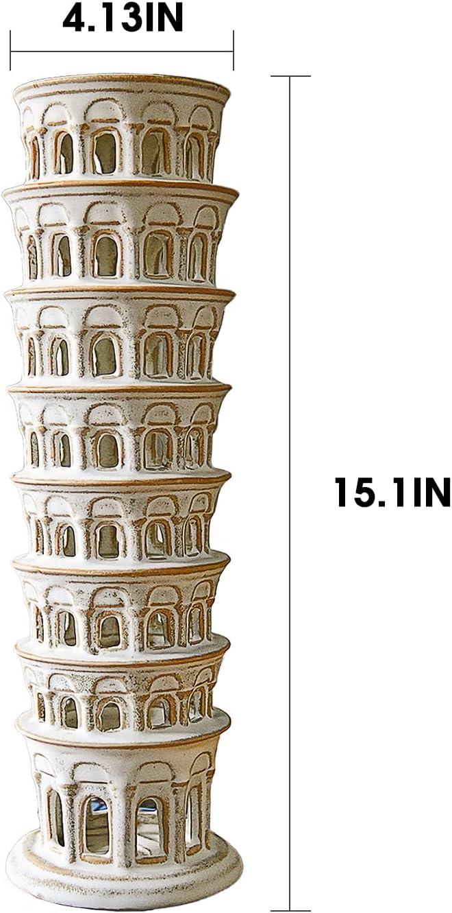 Ceramic Home Decoration 15.1 Inch Tall Leaning Tower for Living Room Bedroom Office Modern Farmhouse Antique Rustic Nordic Ornament Desktop Fireplace Centerpiece Decor