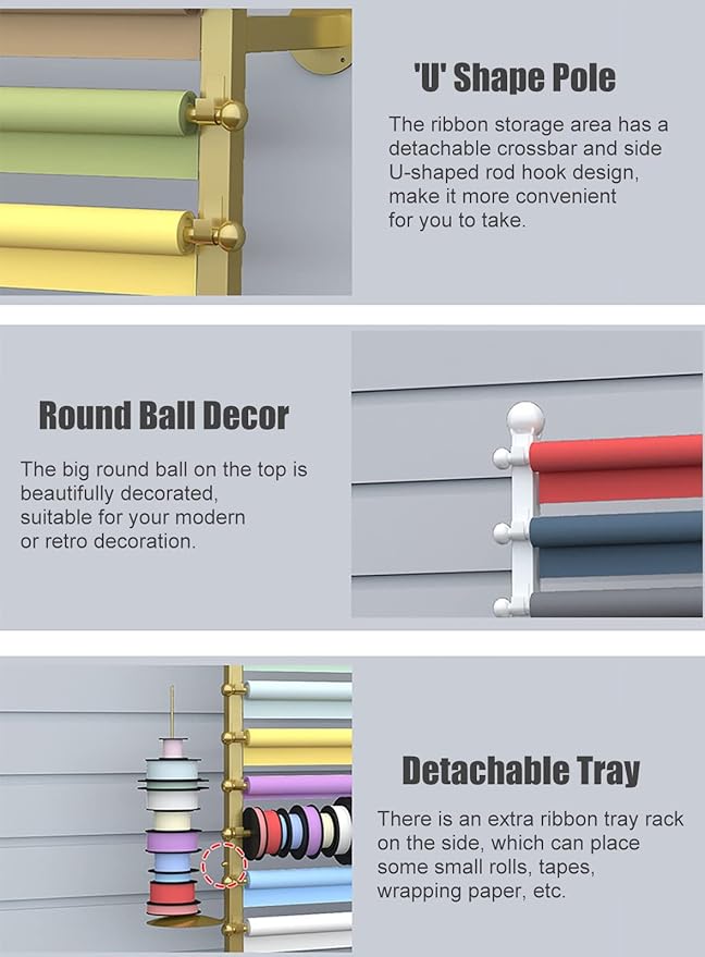 Wall Wrapping Paper Ribbon Organizers and Storage for Gift Shop/Flower Store, Iron Finish Commercial Multi-Purpose Stand, 120cm/47.2inch Tall,Gold 120cm/47.2in Wide