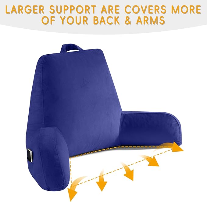OAISZ Reading Pillow for Sitting in Bed Adult, Reading Pillow with Shredded Memory Foam, Bed Pillow with Washable Cover, Back Pillow Sitting Up with Extend Arms, Navy, X-Large