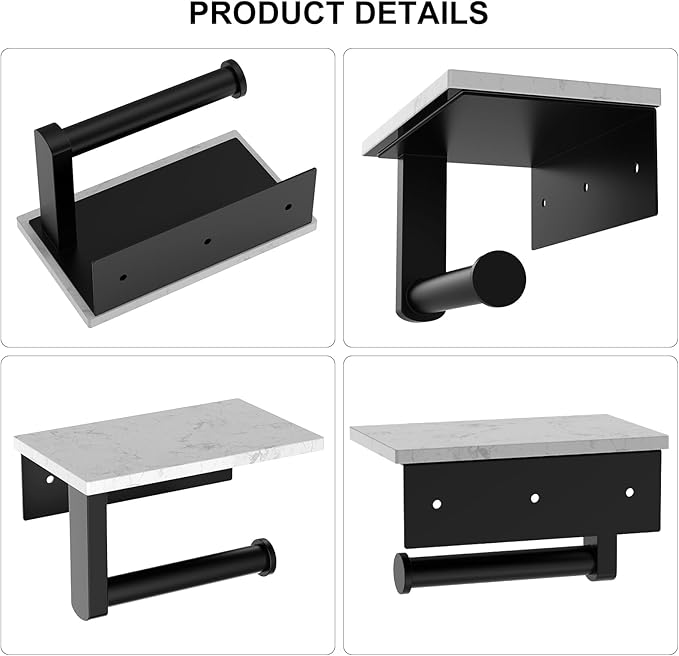Toilet Paper Holder with Marble Shelf, 304 Stainless Steel Tissue Hand Holder Wall Mounted Toilet Paper Roll Hold with Phone Shelf for Bathroom Kitchen Washroom Bedroom, Matte Black