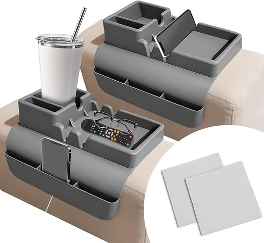 2Pcs Couch Cup Holder Tray, Couch Arm Cup Holder, Large Anti-Slip Couch Cups Holder with Side Pocket, Silicone Sofa Armrest Organizer for Snacks/Remote/Phone/Fruit, Gift for Holiday