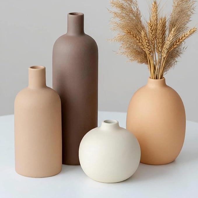 Neutral Boho Ceramic Decorative Vase Set, Modern Matte Minimalist Vases for Shelf, Coffee Table, Living Room & Fireplace Mantel Decor