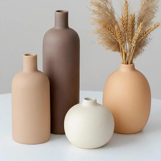Neutral Boho Ceramic Decorative Vase Set, Modern Matte Minimalist Vases for Shelf, Coffee Table, Living Room & Fireplace Mantel Decor