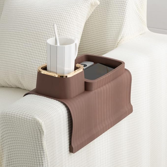 Couch Cup Holder Tray, Elimiko Silicone Anti-Spill and Anti-Slip Couch Drink Holder, Strong and Weighted Phone/Remote/Snacks Sofa Cup Holder (Brown)