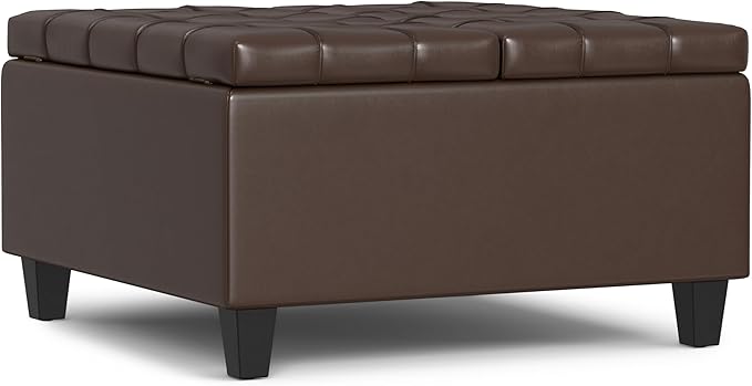 SIMPLIHOME Harrison Small Coffee Table Storage Ottoman - 30 inch Wide Upholstered Vegan Leather Square Lift-Top Ottoman in Chocolate Brown, Transitional Ottoman for Living Room with Hidden Storage