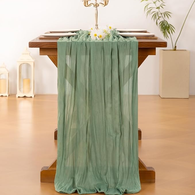 Socomi 10pcs Sage Green Cheesecloth Table Runner Easter Spring Boho Rustic Gauze 120 inch 10FT Cheese Cloth Runner for Wedding Party Baby Shower Home Decor Holiday Decorations