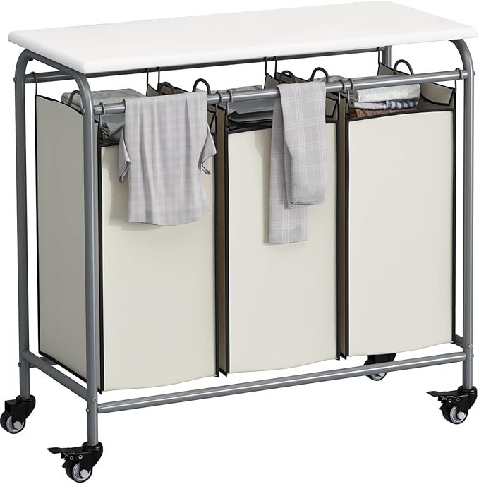 LINZINAR 3 Bag Laundry Basket Sorter Heavy Duty Rolling Lockable Wheels Laundry Hamper Cart with Ironing Board and Removable Bags, Beige