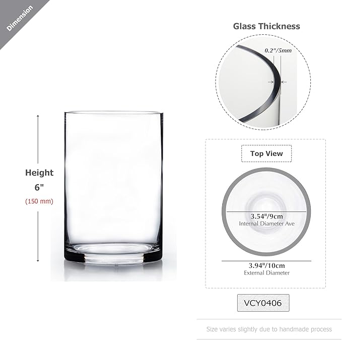 WGVI Quality Thick Weighted Clear Cylinder Glass Vases, 4" W x 6" H, Flower Arrangement Glass Candle Holders Wedding Centerpieces Terrarium Planter Pen Brush Storage Container, Bulk Wholesale, 18 Pcs