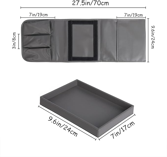 Couch Caddy, Armchair caddy with Detachable Tray, Non-Slip PU Leather Remote Control Holder for Recliner with 5 Pockets (Light Grey)