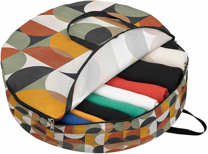 Storage Bag Mid Century Geometric Round Storage Totes Bins Closet Organizers with Zippers & Handle Abstract Modern Retro Clothes Storage Container for Bedroom Dorm Space Saving Packing Supplies Bags