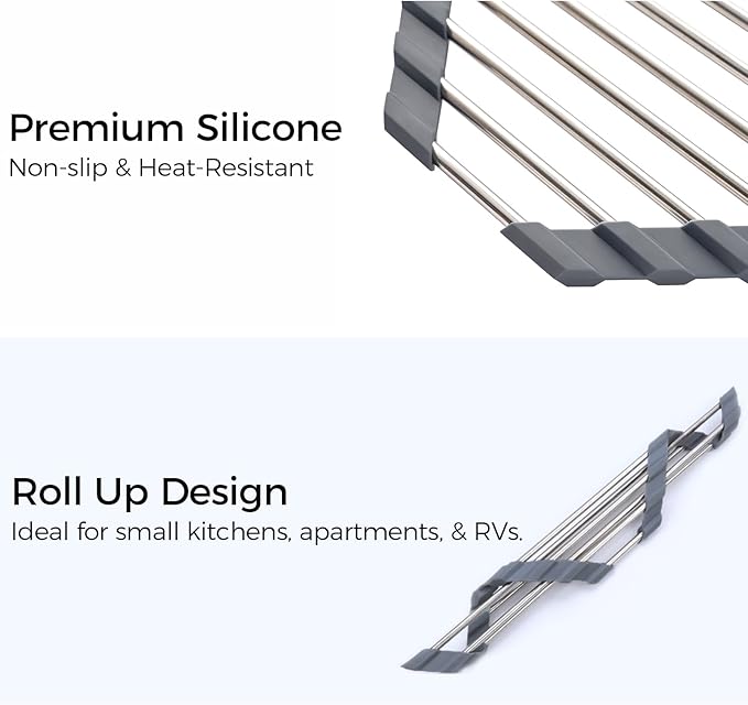 Stainless Steel Roll Up Dish Drying Rack, Over The Sink Dish Rack Rolling Dish Drainer, Foldable Sink Rack Mat for Kitchen Sink Corner