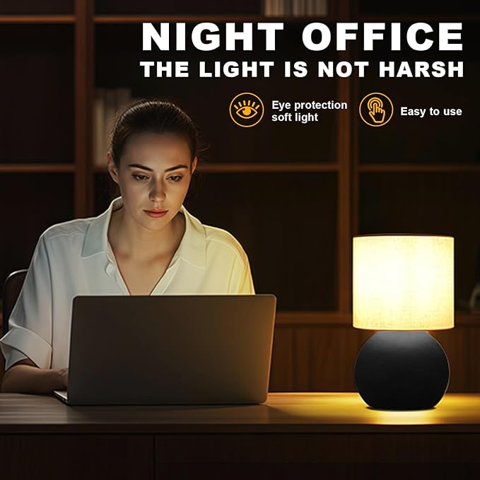 Modern Small Table Lamp Set of 2, Minimalist Nightstand Bedside Lamps with One-Button Inline Switch, 10.4 Inch Desk Light for Bedroom, Living Room,Including Light Bulb（Black）