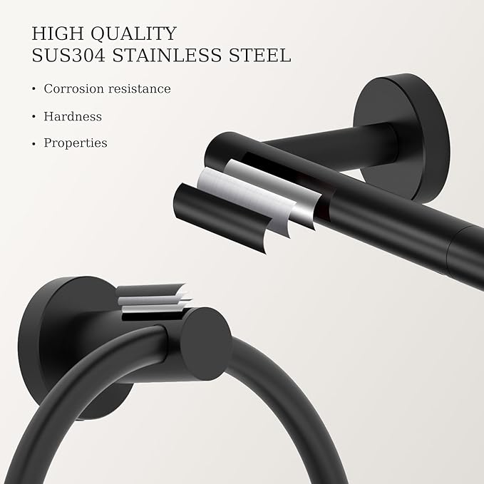 Matte Black Toilet Paper Holder Wall Mount & Towel Holder, Bathroom Hardware Set-SUS304 Stainless Steel Double Post Pivoting Tissue Roll Holder and Hand Towel Ring Set for Bathroom, RV