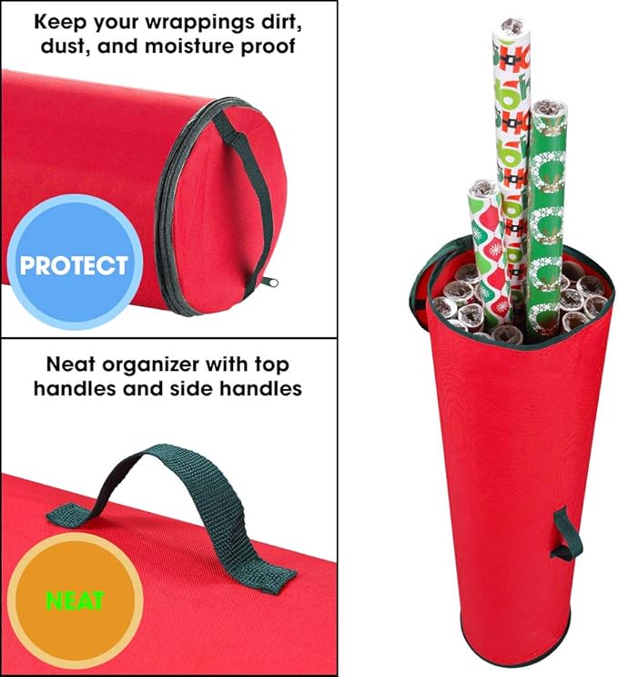 Primode Wrapping Paper Storage Bag | Wrapping Paper Organizer Under Bed for Storing Multiple Rolls of Gift Wrap, 40” Length Container Constructed of Durable 600D Oxford Material (Red)