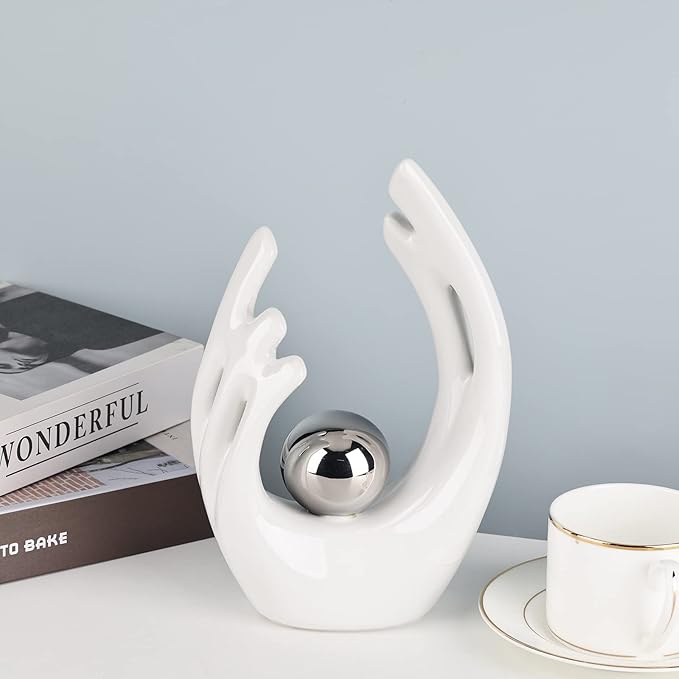 XMGZQ White Ceramic Abstract Statues and Sculptures,White and Sliver Art Ceramic Statues,Modern Home Decor for Living Room,Dining Table, Coffee Table,Shelf, Entrance,Home Desktop Sculpture Home Decor