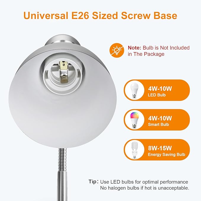 LEPOWER Metal Desk Lamp, Adjustable Goose Neck Table Lamp, Eye-Caring Study Desk Lamps for Bedroom, Study Room and Office (Silver)