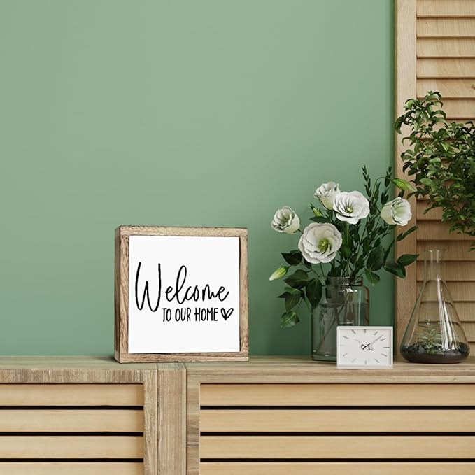 Welcome Sign, Wooden Box Signs for Home Decor, Freestanding Welcome Decor Sign, Farmhouse Decor for Entryway, Front Door Decor, Porch Decor, Housewarming Tabletop Decor, Welcome To Our Home (B2)