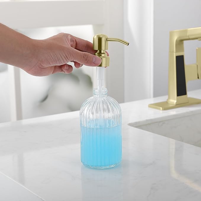 Gold Glass Soap Dispenser with Rust Proof Metal Pump, Vintage & Antique Design, 16oz Clear Glass Dish Soap Dispenser for Bathroom & Kitchen, 2 Packs