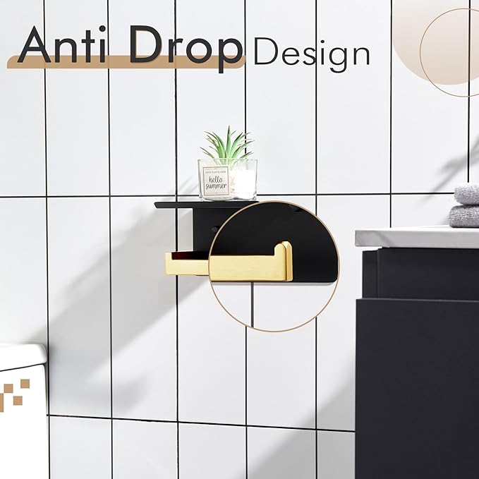 KOKOSIRI Toilet Paper Holders with Shelf Bathroom Toilet Paper Roll Holder Wall Mounted T-304 Stainless Steel, Matte Black and Gold B2010GDK