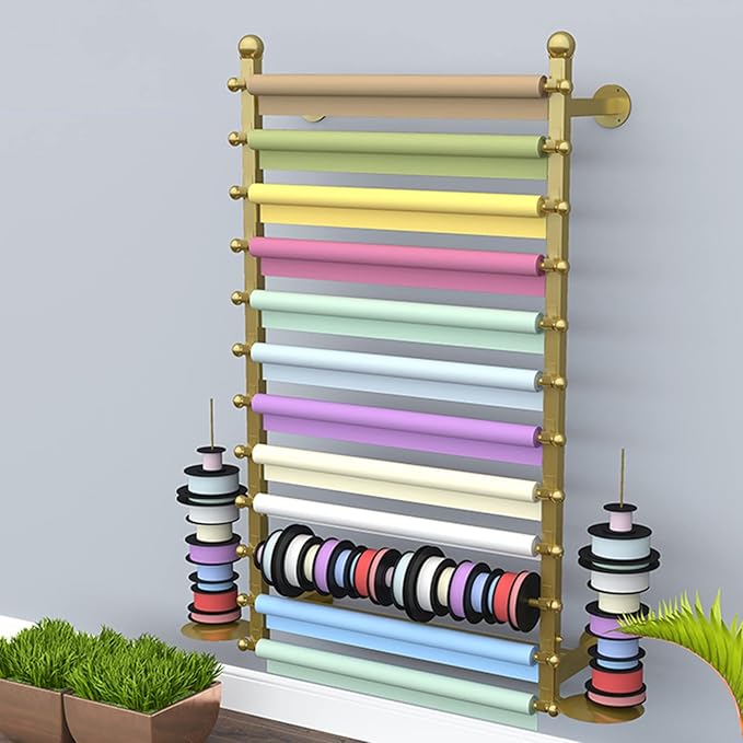 Flower Shop Ribbons Rolls Storage Organizer, Wall Mount Metal Removable Crossbar Gift Wrapping Paper Rack for Cake Stores (Color : White, Size : 120cm/47.2in) (Gold 120cm/47.2in)