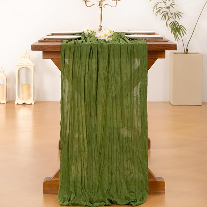 Socomi 3pcs Campsite Green Easter Spring Cheesecloth Table Runner Boho Rustic Gauze 120 inch 10FT Cheese Cloth Runner for Wedding Party Baby Shower Birthday Home Decor Holiday Decorations