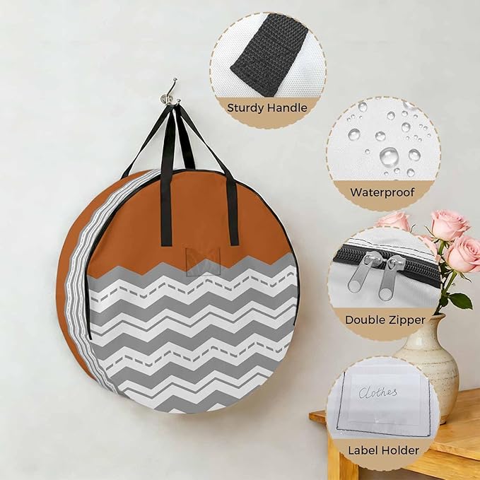 Storage Bag Burnt Orange Grey Waves Round Storage Totes Bins Closet Organizers with Zippers & Handle Chevron Stripe Clothes Storage Container for Bedroom Dorm Space Saving Packing Supplies Moving Bags