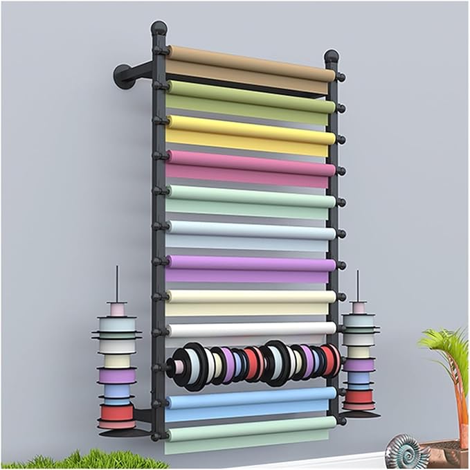 Ribbon Storage Organizer Rack, Wall Mounted Wrapping Paper Organizer, Metal Ribbon Storage for Craft Room Flower Shop Wrapping Paper,Gold 39.3X7.8X47In,Black-27.5x7.8x47in