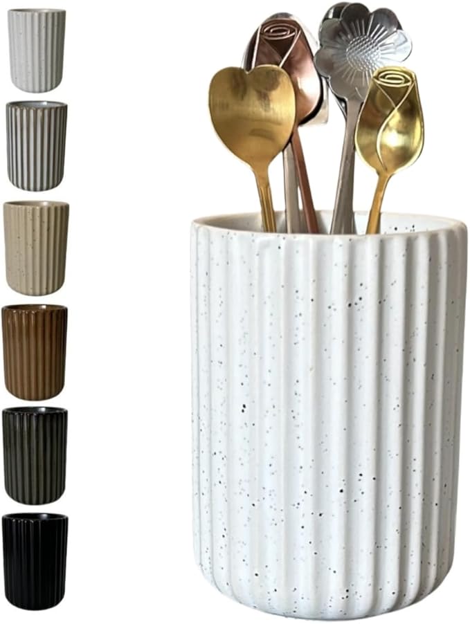 TOPYOKK Stoneware Coffee Bar Utensil Holder Tea & Coffee Spoon & Stirrer Holder for Stir Stick Straw Teaspoon Holder Spoon Cup Small Utensil Jar Fluted Vertical Stripe (Spotted White)