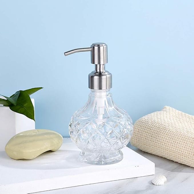 YunNasi Soap Dispenser with Stainless Steel Pump, Clear Crystal Design, Vintage and Elegant, Refillable Liquid Hand Soap Dish Soap Dispensers for Bathroom Counter, Kitchen Sink (Style 1)
