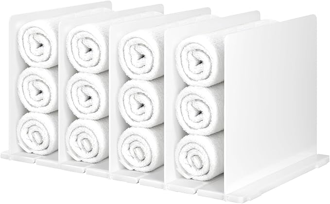 Towel Organizer for Closet, White Interlocking Towels Rack Storage, Space Saving Bathroom & Cabinet Under Sink Closet Towel Organizer, Beach & Bath Towel Holder (Partition 5)