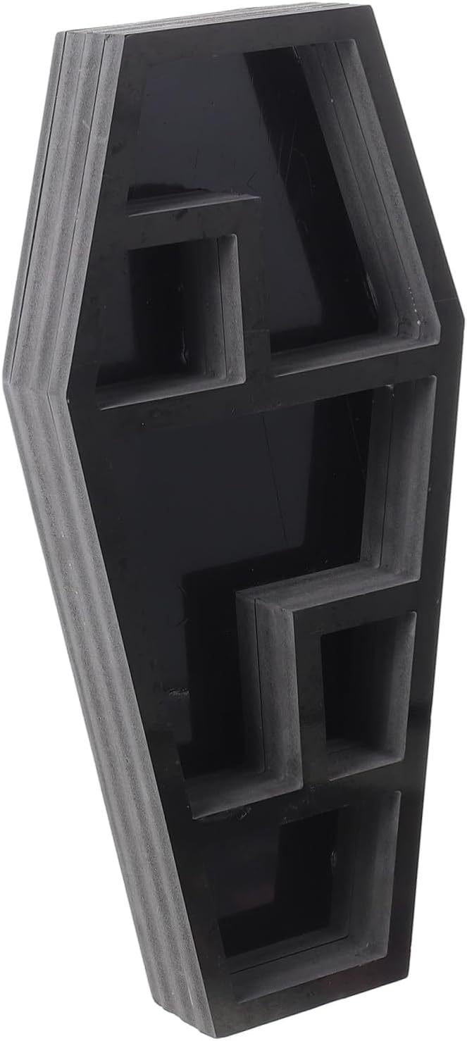 VICASKY Spooky Coffin Shelf Gothic Sundries Rack for Halloween Decor Lightweight Compartment Display for Candles Books and Figurines Unique Prank Haunted House Prop
