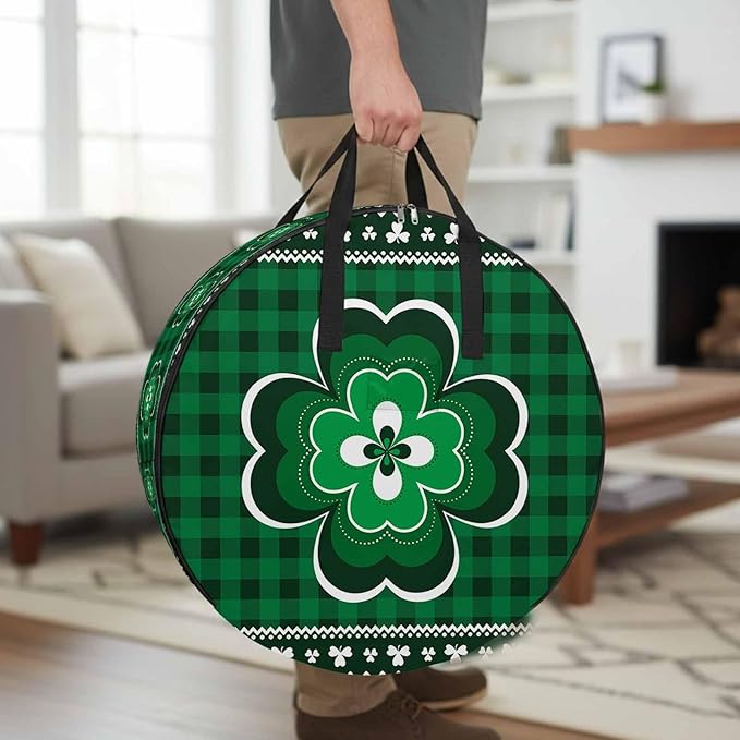 St Patricks Round Storage Bag 36 Inch, Day Vintage Shamrock Texture Green Plaid Clothes Storage Container with Handles Heavy Duty Organizer for Comforter, Bedding & Holiday Wreaths