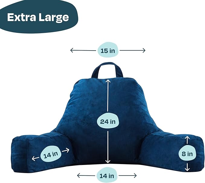 Linenspa Reading Pillow with Shredded Memory Foam- X-Large Size - Back Pillow for Sitting in Bed, Reading, Gaming, Watching TV – Bed Chair with Arms, Dorm Room Essentials, Navy