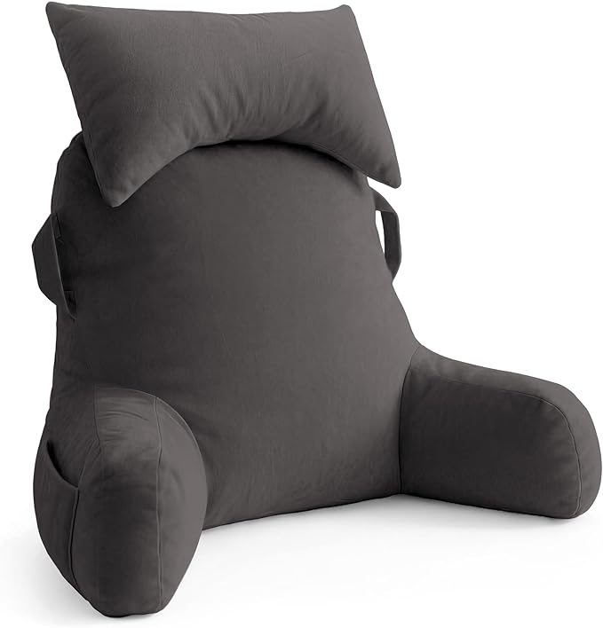 Unisakey Portable Reading Pillows with Headrest for Bed Sitting Up(Light Grey Oeko-Tex), Velvet Back Pillow with Arms & Pockets for Adults, Support Memory Foam Bed Pillow for Dorm/Watching/Gaming