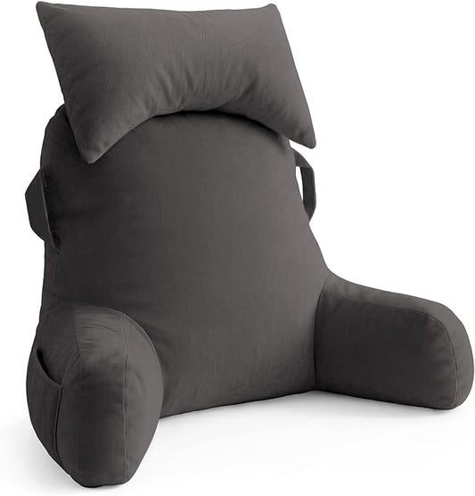 Unisakey Portable Reading Pillows with Headrest for Bed Sitting Up(Light Grey Oeko-Tex), Velvet Back Pillow with Arms & Pockets for Adults, Support Memory Foam Bed Pillow for Dorm/Watching/Gaming