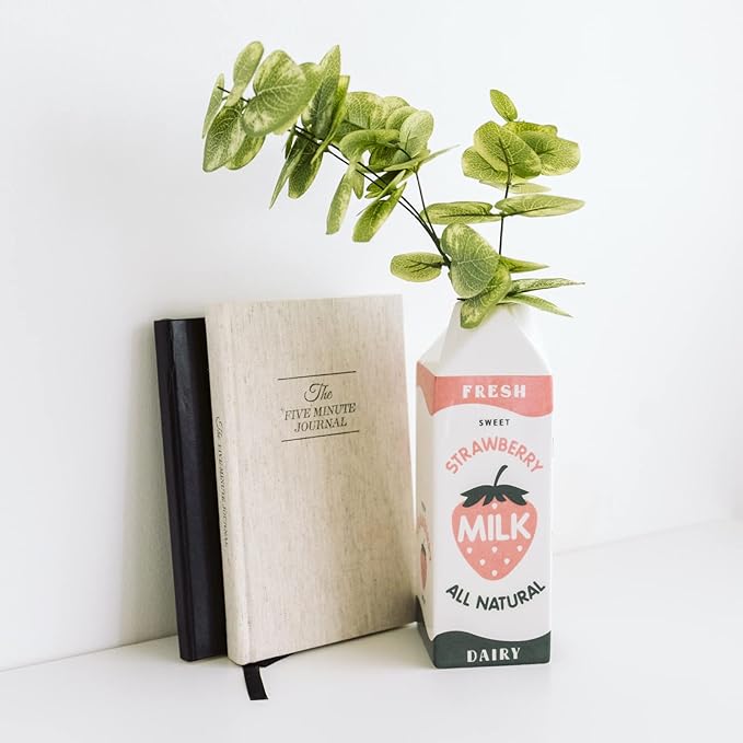 Retro Strawberry Milk Carton vase –Vintage Inspired Kawaii Ceramic -Pink Strawberry Flower vase -Cute Accent Decor for Your Home Kitchen Office