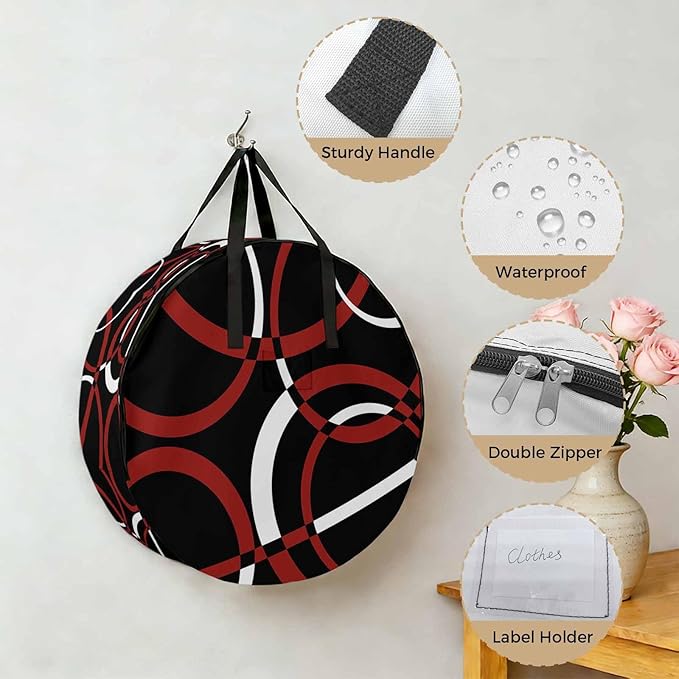 Storage Bag Red Black Geometric Circle Round Storage Totes Bins Closet Organizers with Zippers & Handle Modern Abstract Lines Clothes Storage Container for Bedroom Dorm Space Saving Packing Supplies