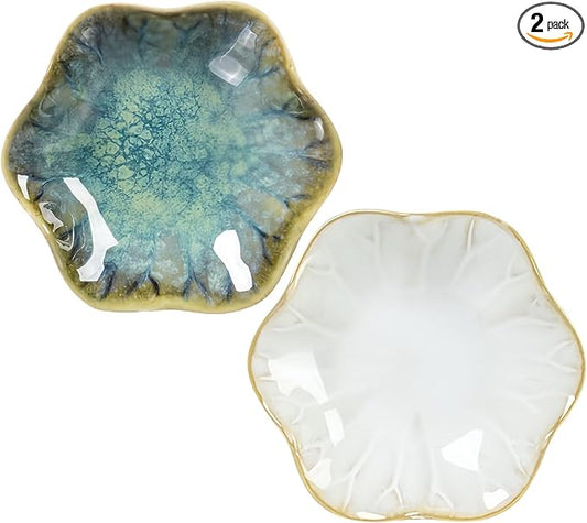 2Pcs Ceramic Jewelry Dish - Lotus Leaf Shape, for Ring Holder Necklace Small Key, Suitable for Mother Friend Sister, Gifts for Women, Cute Plate Trinket Tray, Home Decor (Crystal Green & White)