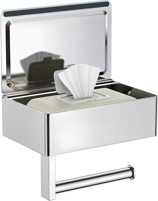 FORIOUS Toilet Paper Holder with Shelf, Sanitary Napkin Receptacle Tampon Holder, Wall Mount Toilet Paper Holder with Storage, Flushable Wipes Dispenser Fits for Bathroom Commercial(1, Chrome)