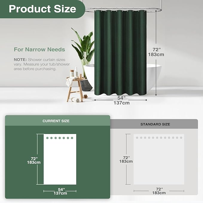 Dynamene Stall Fabric Shower Curtain - 54 inch Wide Waffle Weave Weighted Thick Cloth Shower Curtains for Bathroom, Heavy Duty Hotel Spa Luxury Bath Curtain Set with 10 Hooks, 54x72, Dark Green