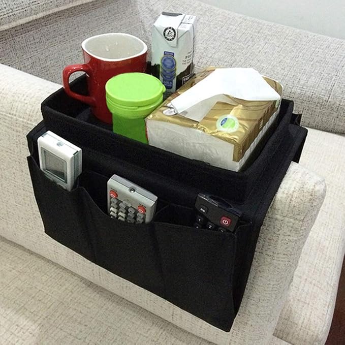 Sofa Armrest Organizer, Couch TV Remote Storage Organizer with Pockets for Recliner Armchair Snacks Glasses Smartphone Magazines Pouch (Gery)