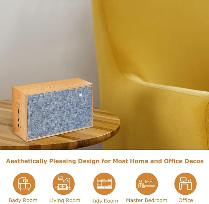 Lexenic Wooden White Sound Sleep Sound Machine with Dual Stereo Speakers, Rechargeable 24H Battery, 37 Unique Non-Looping White Noise & Nature Sounds for Adults