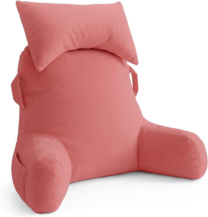 Unisakey Portable Reading Pillows with Headrest for Bed Sitting Up(Dark Pink Oeko-Tex), Velvet Back Pillow with Arms & Pockets for Adults, Support Memory Foam Bed Pillow for Dorm/Watching/Gaming