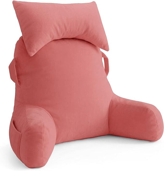 Unisakey Portable Reading Pillows with Headrest for Bed Sitting Up(Dark Pink Oeko-Tex), Velvet Back Pillow with Arms & Pockets for Adults, Support Memory Foam Bed Pillow for Dorm/Watching/Gaming