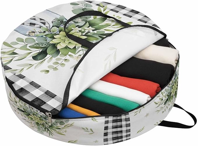 Storage Bag Eucalyptus Leaves Vase Round Storage Totes Bins Closet Organizers with Zippers & Handle Green Leaf Floral Black Plaid Clothes Storage Container for Bedroom Space Saving Packing Supplies