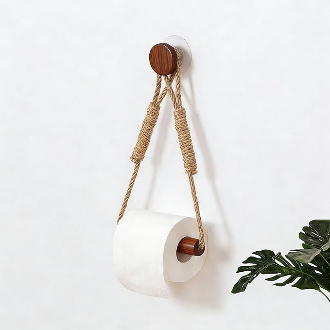 Wood & Rope Wall Toilet Paper Holder, Rustic Tissue Rolls Paper Holder Wall Mounted, Nautical Rattan Bathroom Accessories with Self-Adhesive Seamless Screw (Walnut-Colored)
