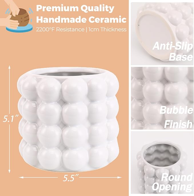 Bubble Vase, White Ceramic Vase, Small Short Vase, Ceramic Flower Vases for Home Decor, Decorative Vases for Living Room, Bedroom, Office, Shelf, Coffee Table, 5 Inches