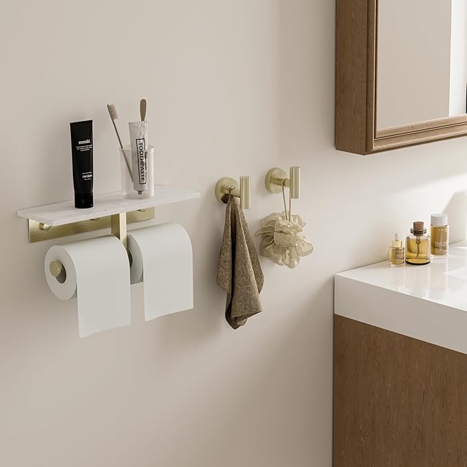 BWE Double Toilet Paper Holder with Shelf, Wall Mounted Tissue Roll Holder for Bathroom, Commercial Toilet Paper Dispenser, Marble Toilet Paper Storage Holder with Phone Shelf (Brushed Gold)