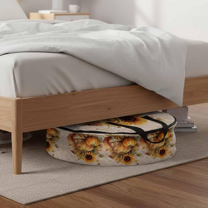 Thanksgiving Sunflowers Round Storage Bag 36 Inch, and Pumpkin with Squirrel Beige Clothes Storage Container with Handles Heavy Duty Organizer for Comforter, Bedding & Holiday Wreaths